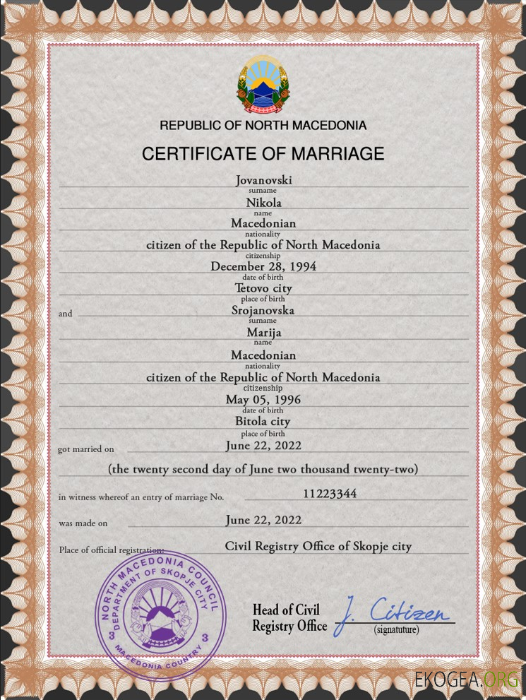 Modèle PSD de certificat de mariage de Macédoine du Nord